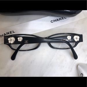 Black Chanel Eyeglasses w/ White Flowers and Case